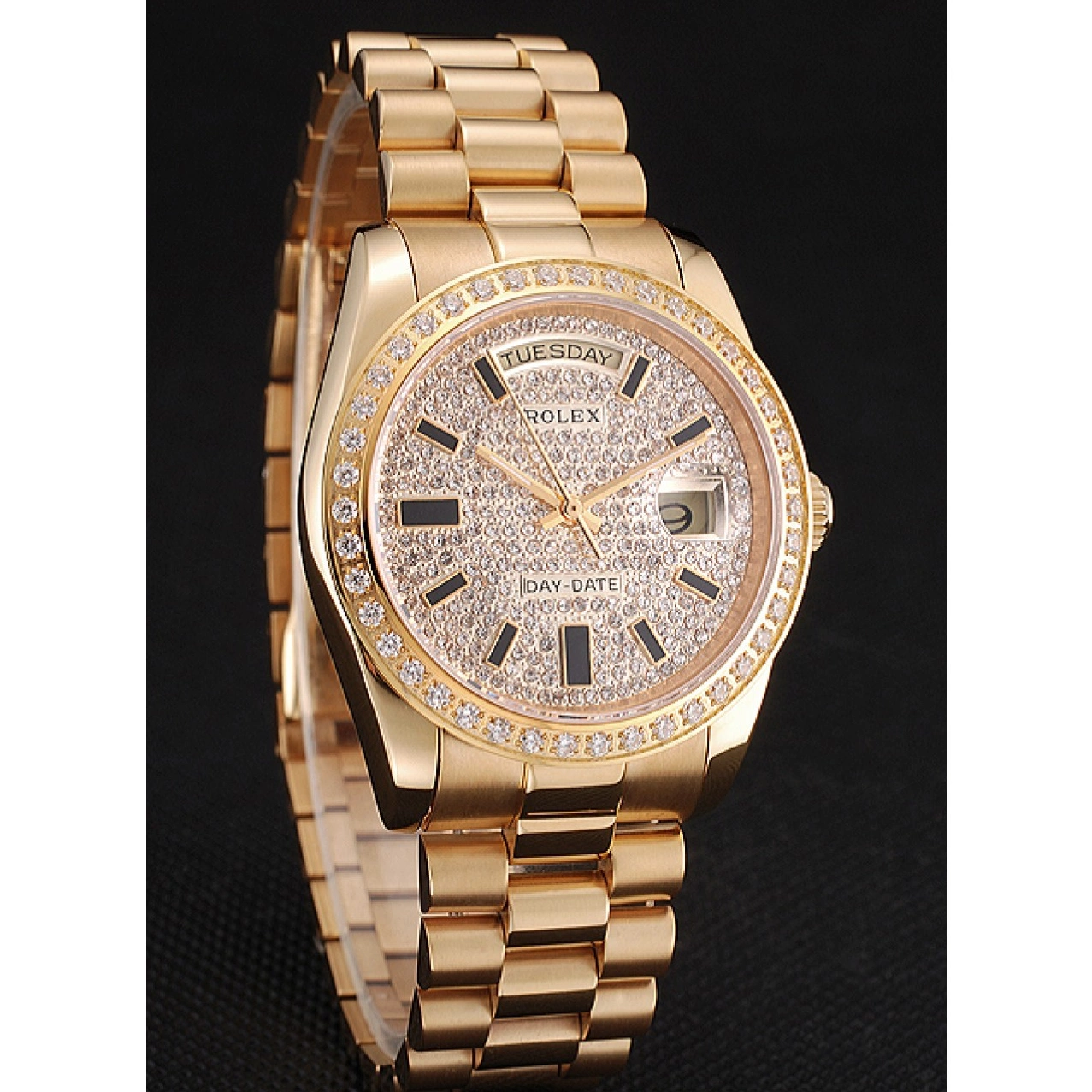 Aaa replica watch Swiss Day Pave Rolex And Case Bezel Gold Bracelet Diamond Date Dial And 0814